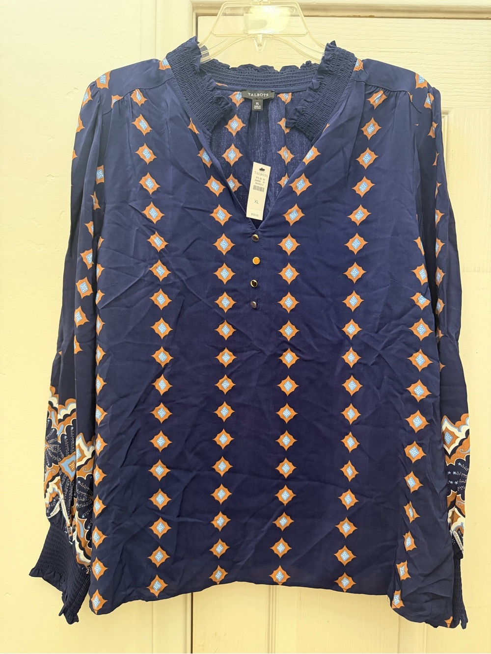 Talbots Navy Blouse with Orange and Light Blue Geometric Print